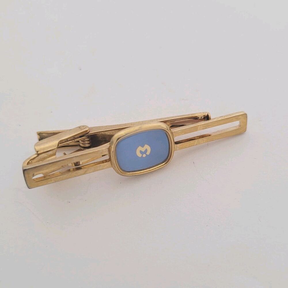 Mila Schon Tie Bar Clasp Gold Tone Blue Enamel 2 Inch Clip Vintage Glam Designer